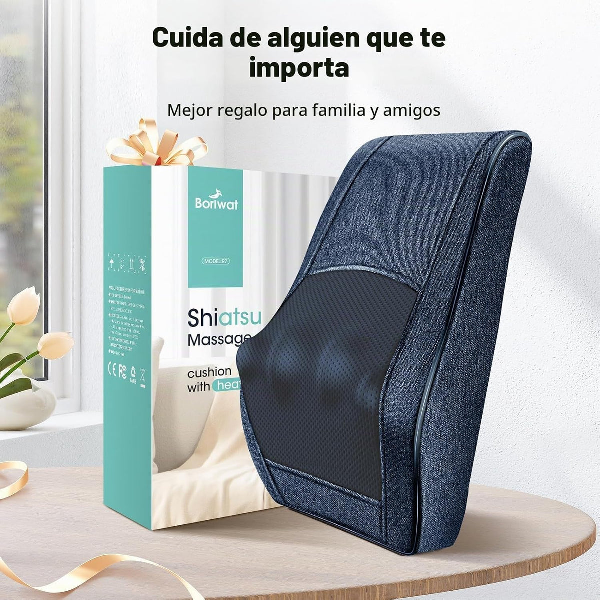 Boriwat Masajeador de cuello y espalda con calor, almohada de masaj...