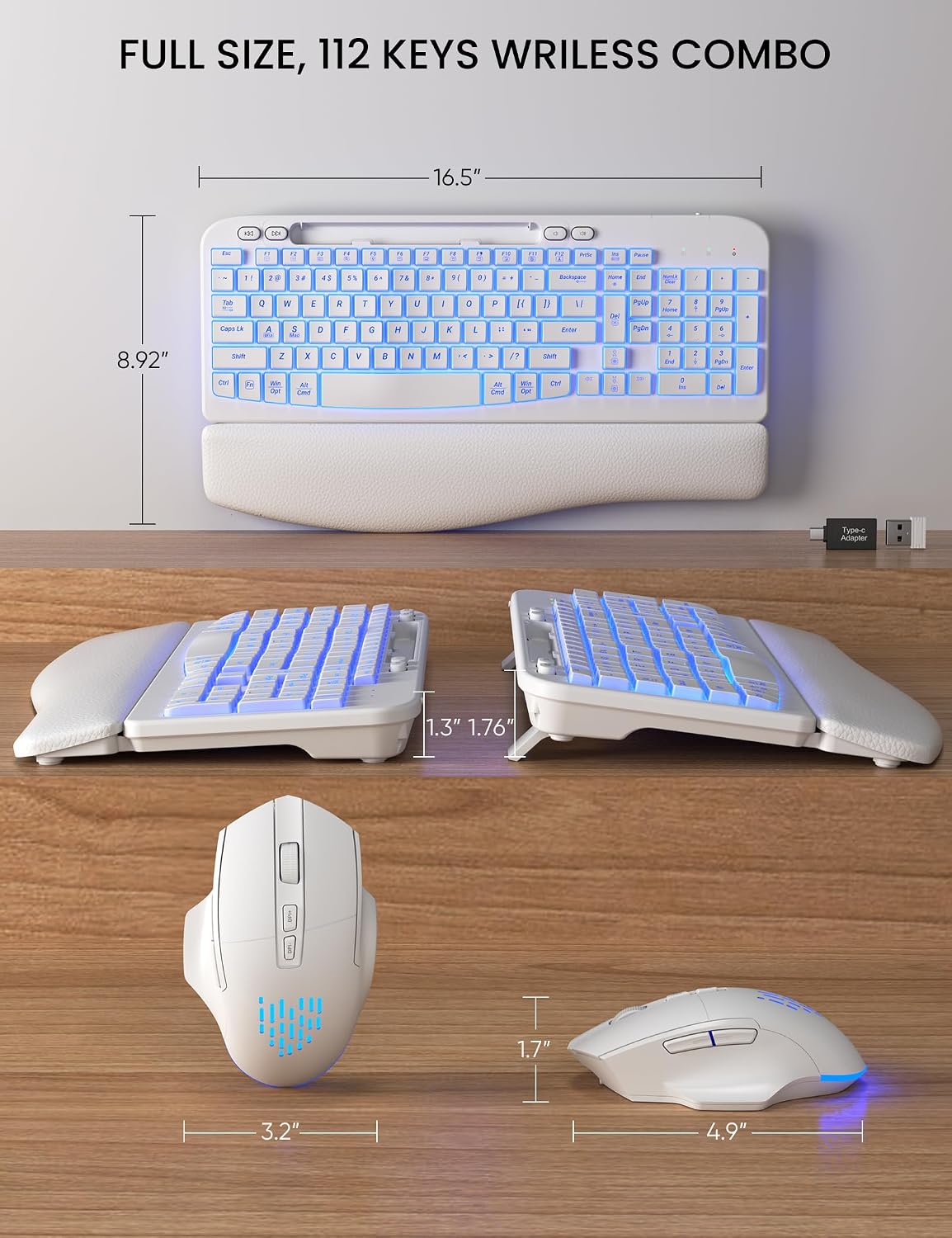 SABLUTE Combo de teclado y mouse inalámbricos: teclado ergonómico o...