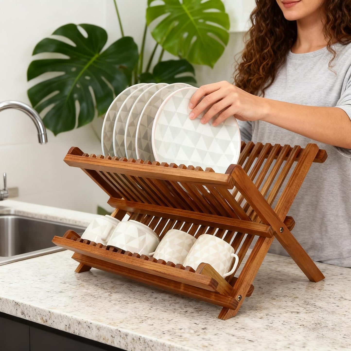 Utoplike Escurridor de Platos de Teca Plegable de 2 Niveles Estante...