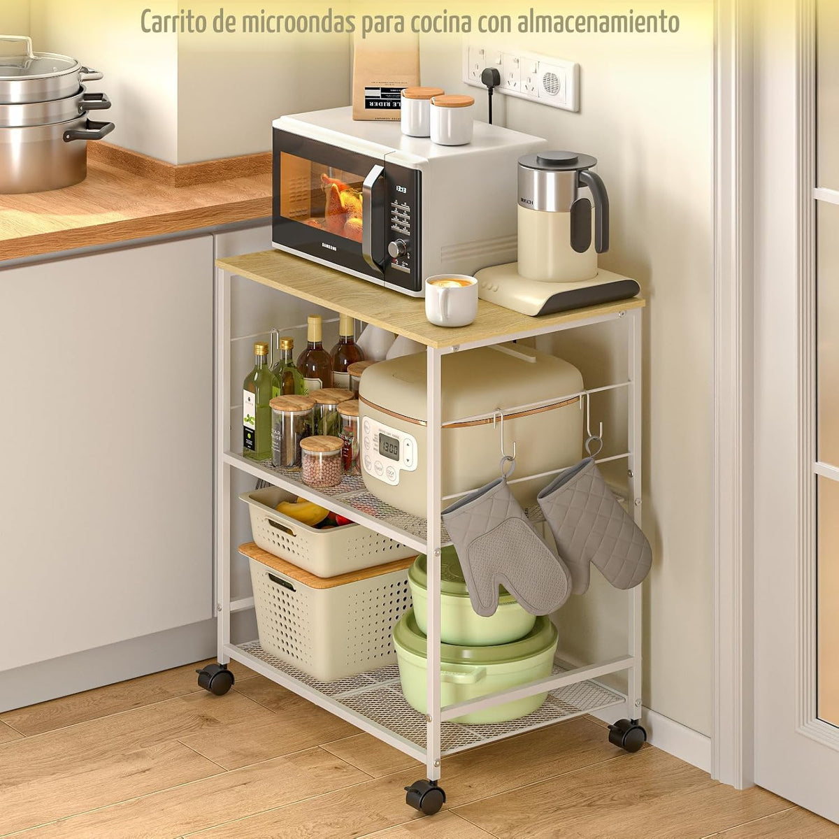 ThreeHio Carrito de microondas de cocina rodante, soporte de mesa d...