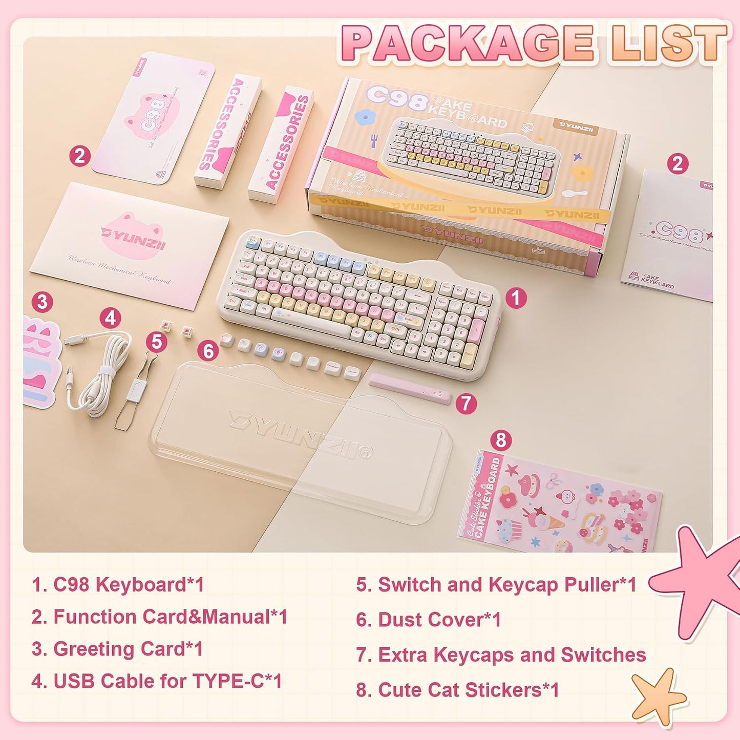 YUNZII C98 Cute Cake Teclado mecánico inalámbrico (beige, interrupt...