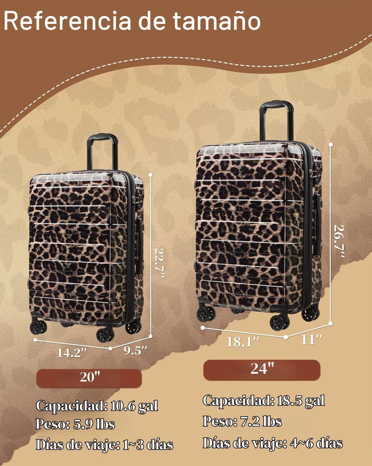sukiost Maleta de mano rígida con ruedas giratorias TSA Lock, Guepa...