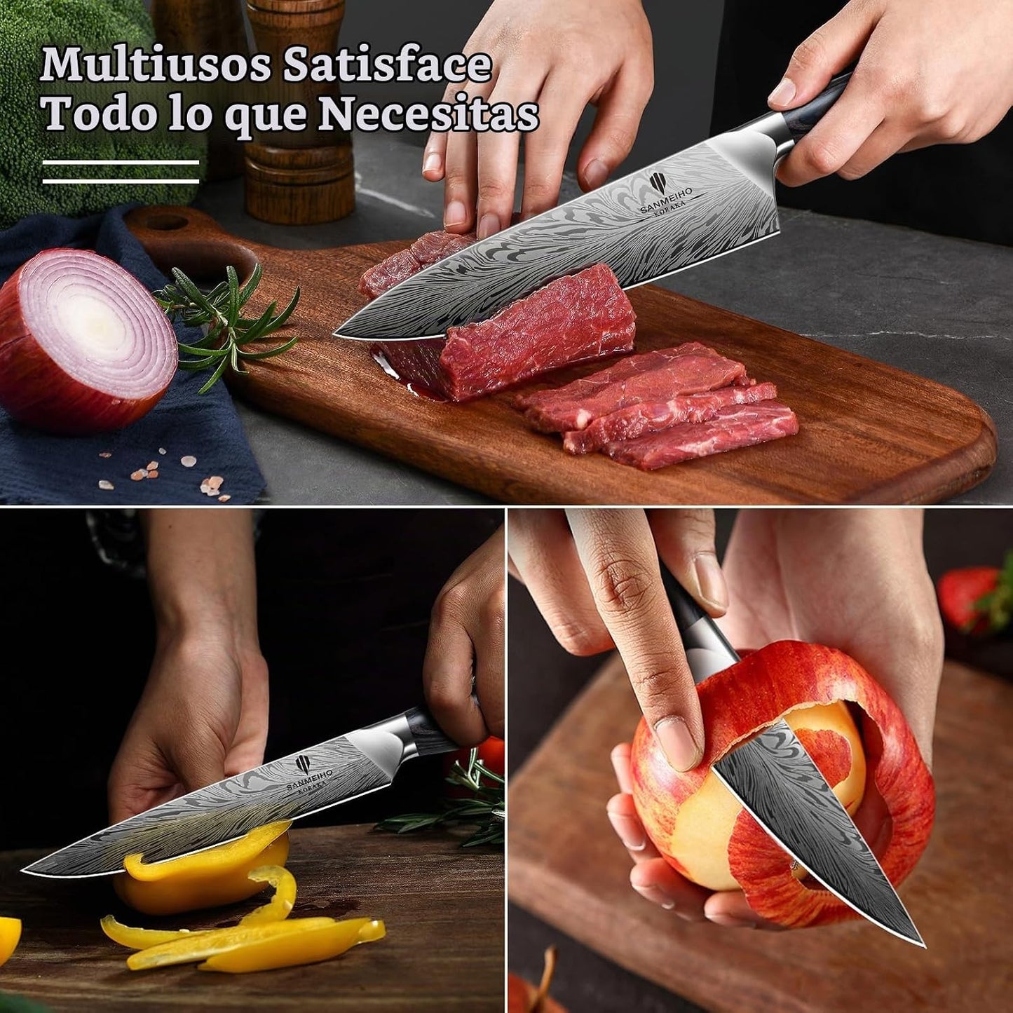 SANMEIHO Juego de cuchillos de cocina de 3 piezas, juegos de cuchil...