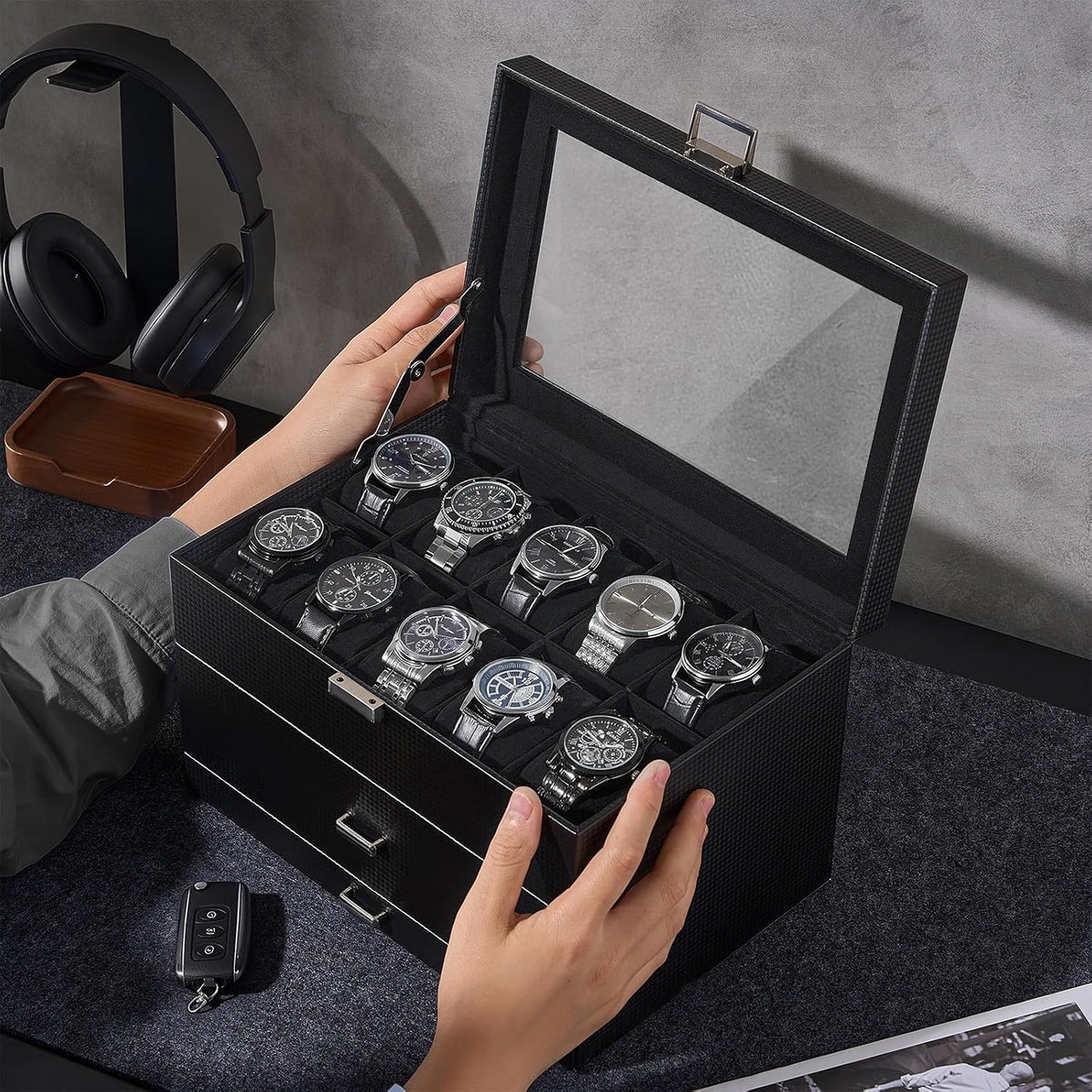 ProCase Caja de reloj de 20 ranuras para hombre, vitrina de reloj d...