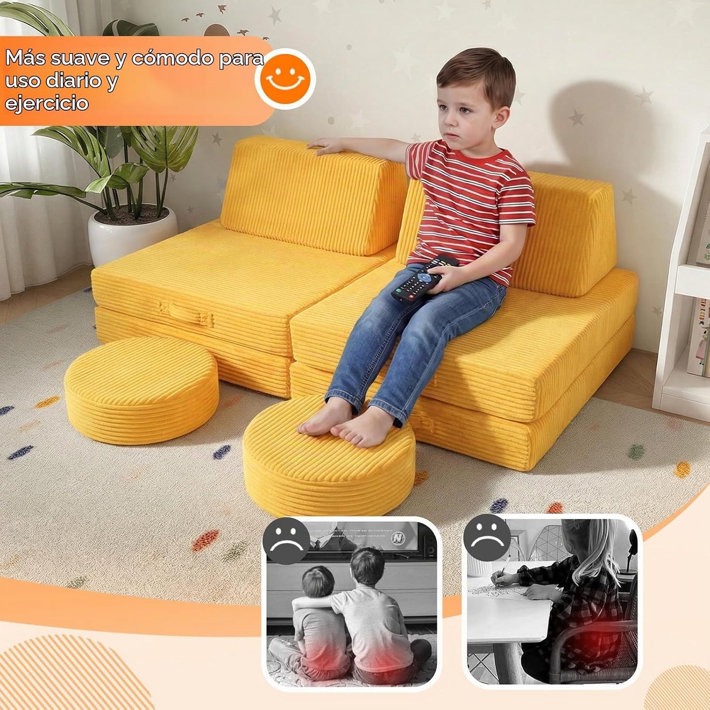 MeMoreCool - Sofá infantil de pana de 8 piezas, color amarillo, jue...