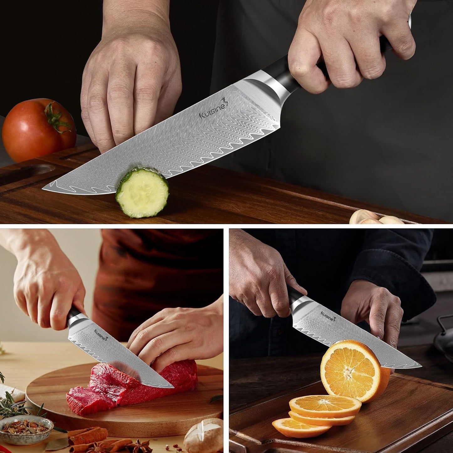 Juego de cuchillos de Damasco, juego de cuchillos afilados, mango e...
