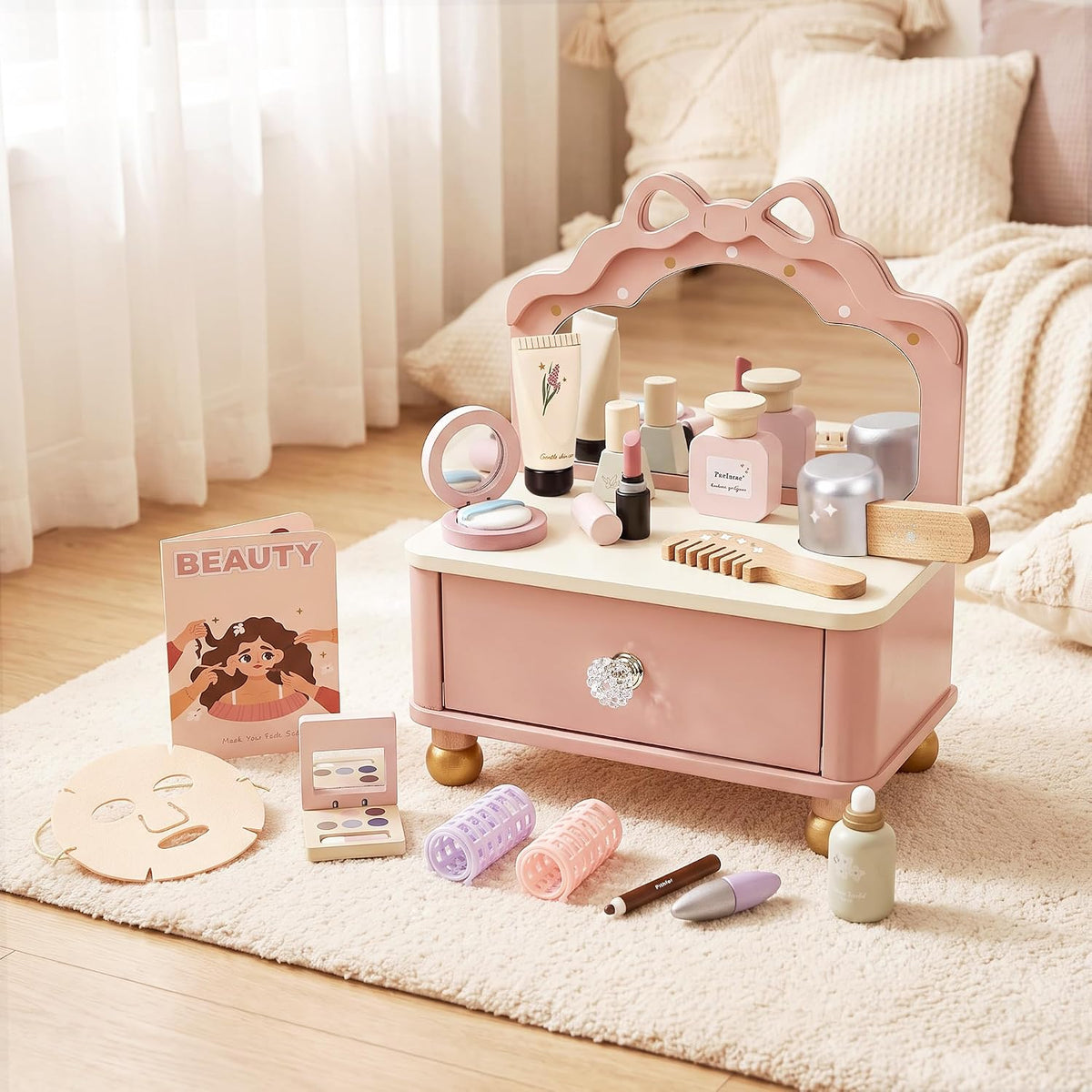 Pithfor Juego de tocador de madera, kit de maquillaje para niños y...