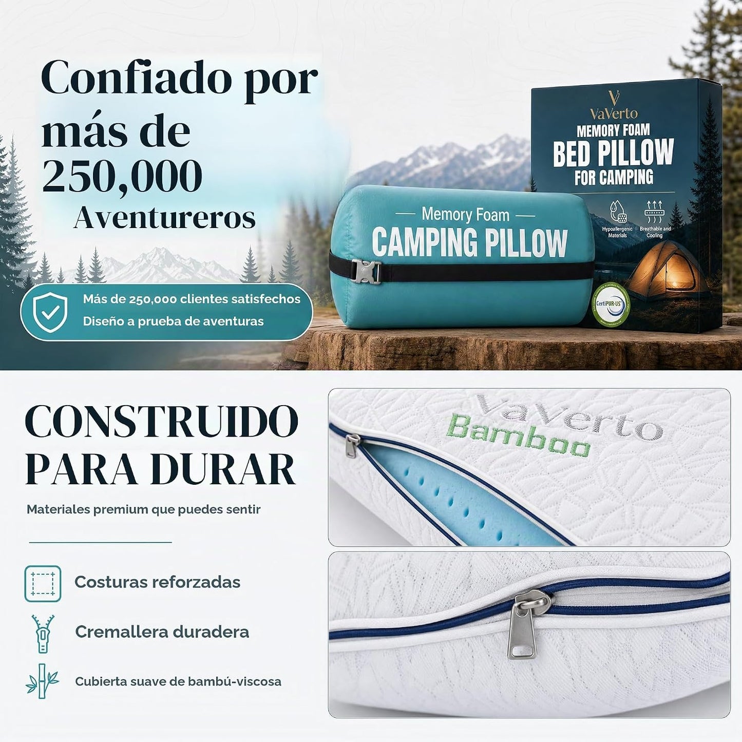 Vaverto Almohada de camping - Almohada de viaje de espuma viscoelás...