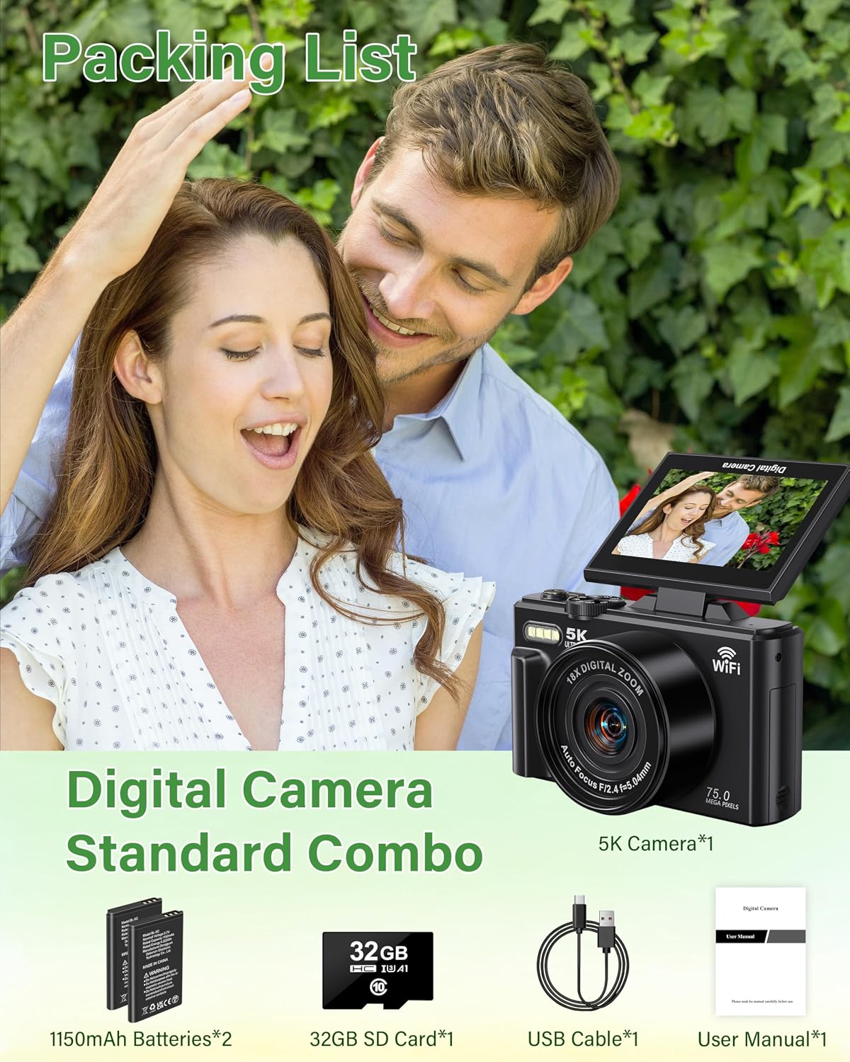 Cámara digital 5K para fotografía, cámara de vlogging WiFi de 75MP...