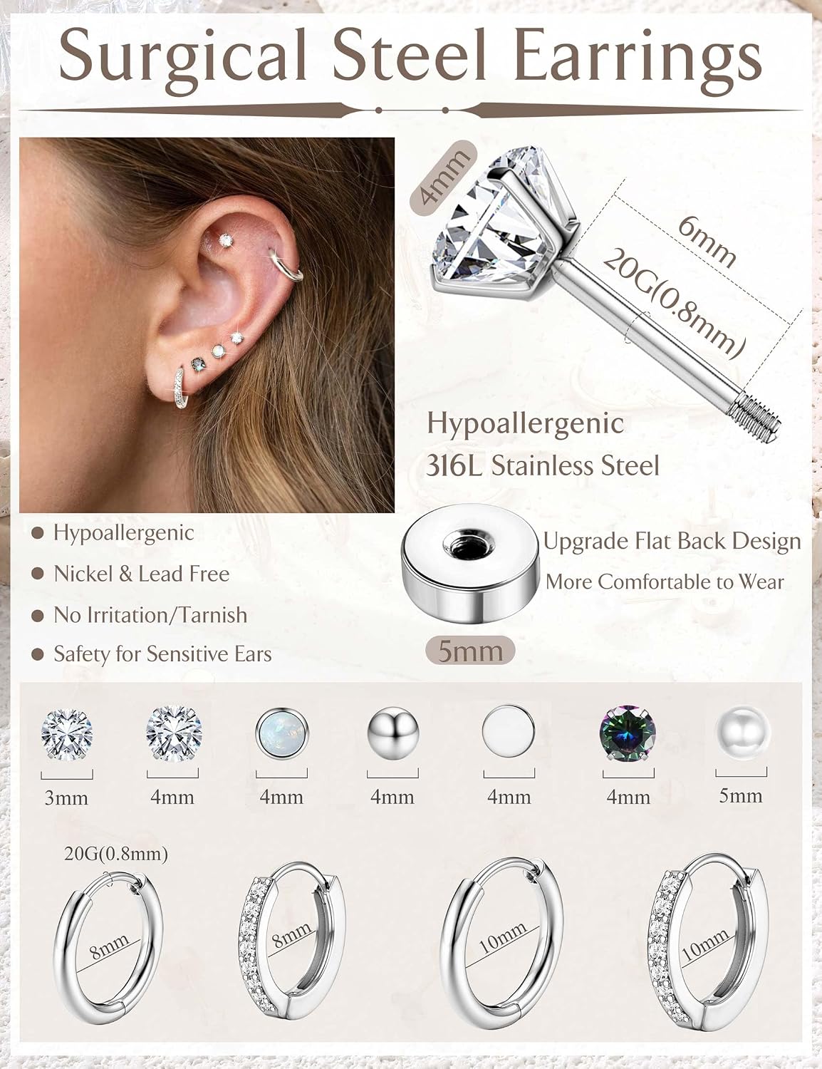 Jstyle Aretes de tuerca con aro hipoalergénicos para mujer, pequeño...