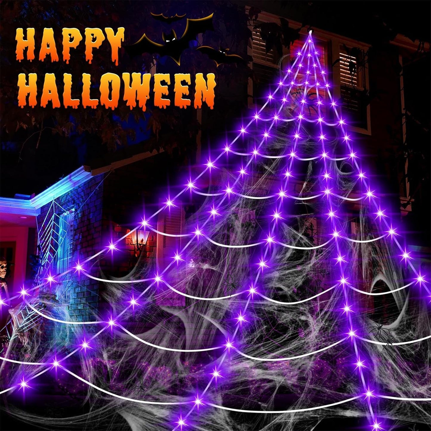 Decoraciones de Halloween al aire libre, 200 luces LED de telaraña...