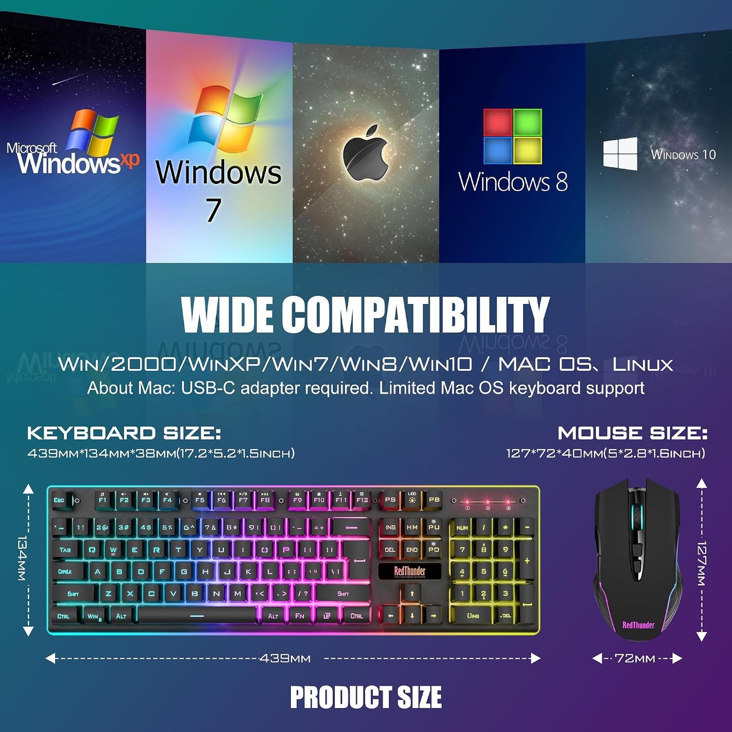 Combo de teclado y mouse inalámbrico para juegos RedThunder K10, ba...