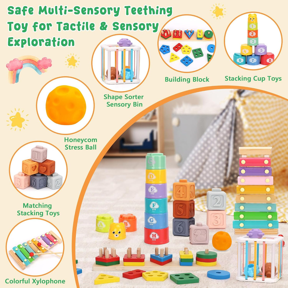 FlufiFiea Juguetes Montessori 6 en 1 para bebés de 6 a 12 a 18 mese...