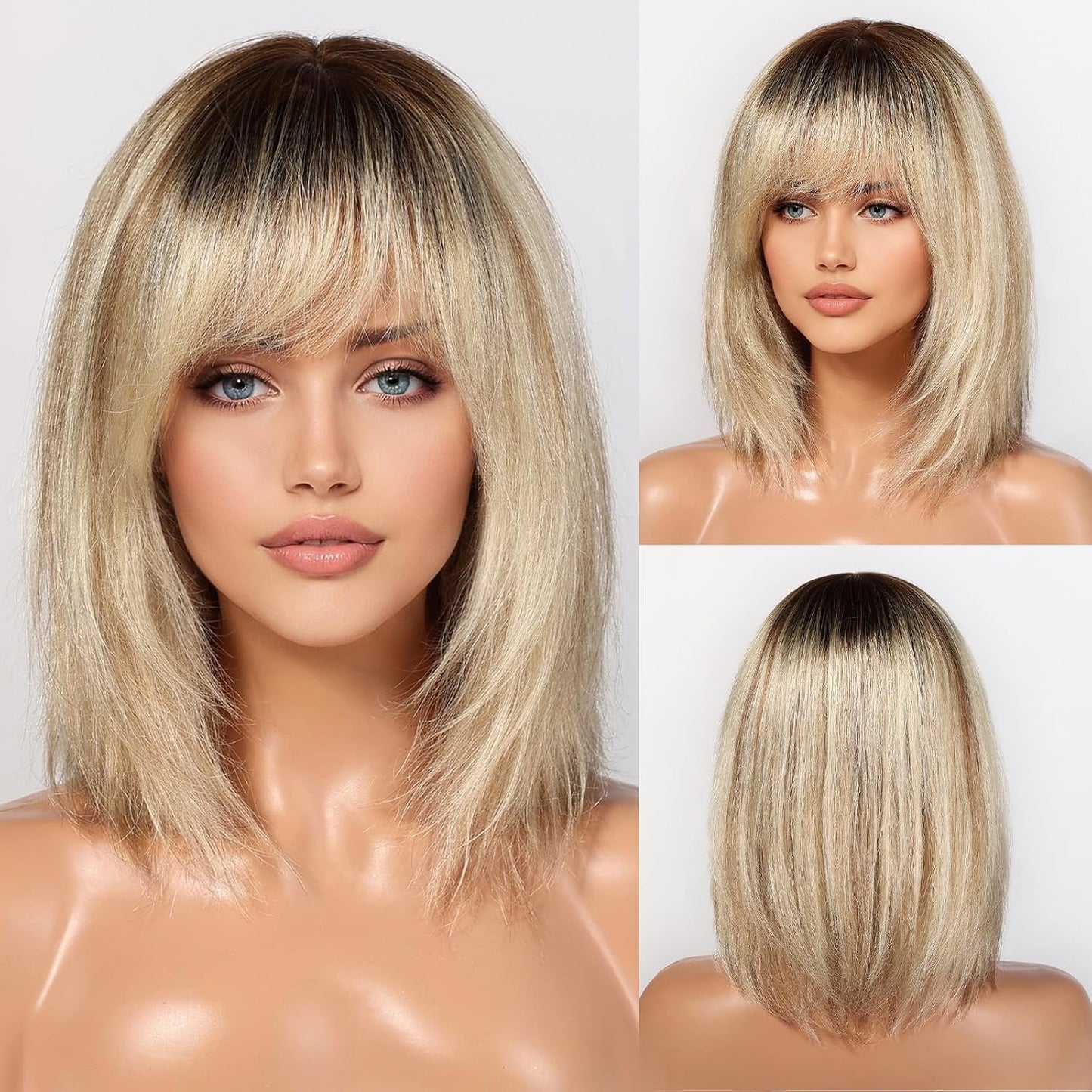 KKU Pelucas de Cabello Humano Ombre Marrón Dorado de 12 Pulgadas pa...