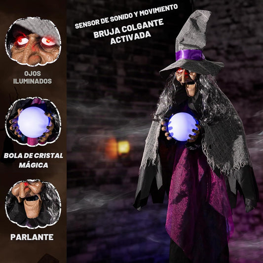 Decoraciones animatrónicas de Halloween, bruja que habla colgante,...