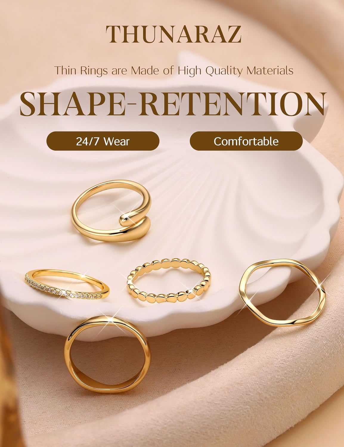 THUNARAZ Anillos chapados en oro de 14 quilates para mujer, no se d...