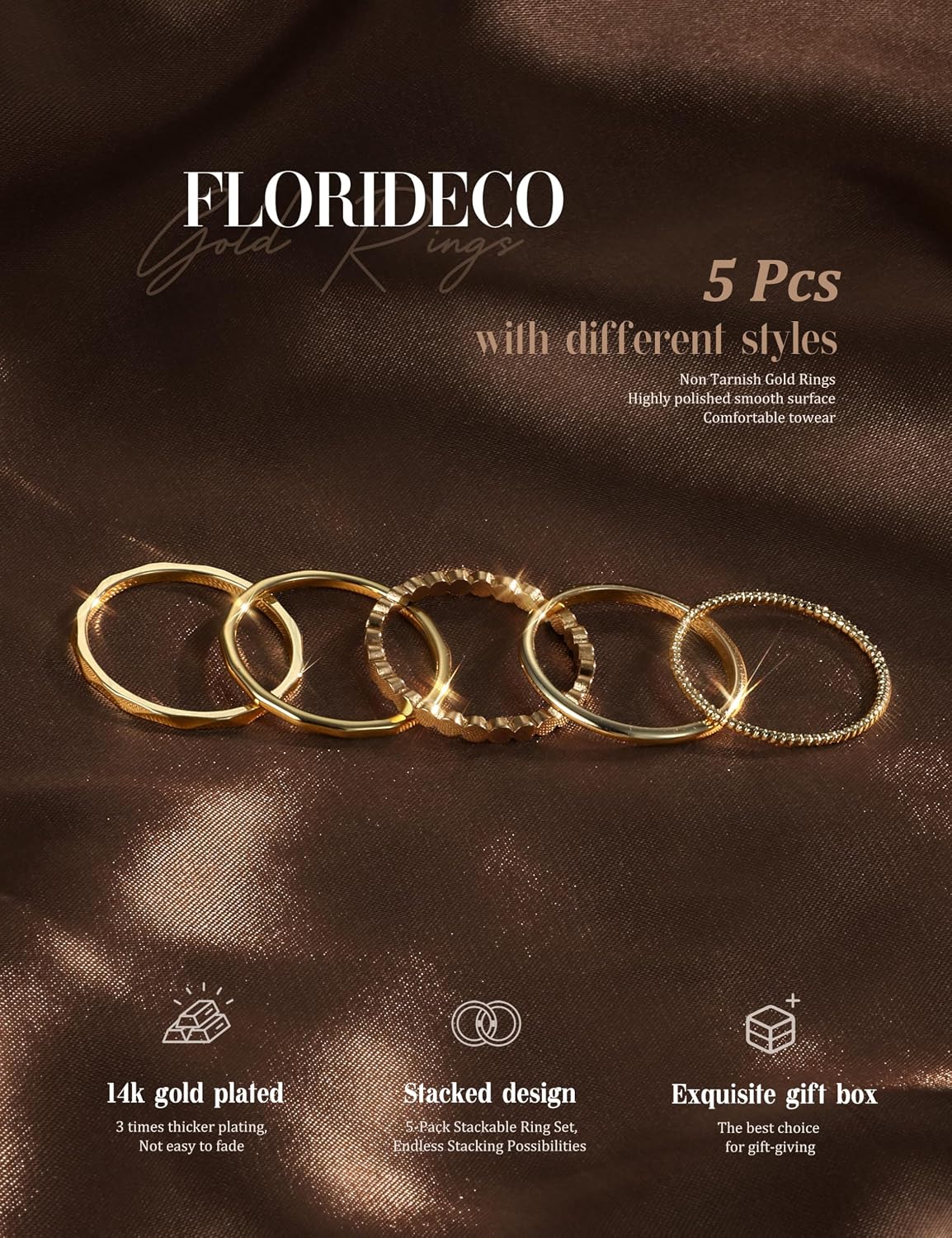 Florideco Anillos apilables chapados en oro de 14 quilates para muj...