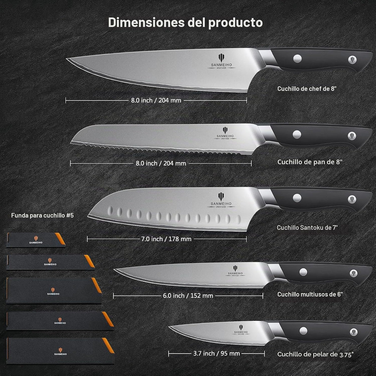 SANMEIHO Juego de 10 cuchillos de cocina japoneses, aptos para lava...