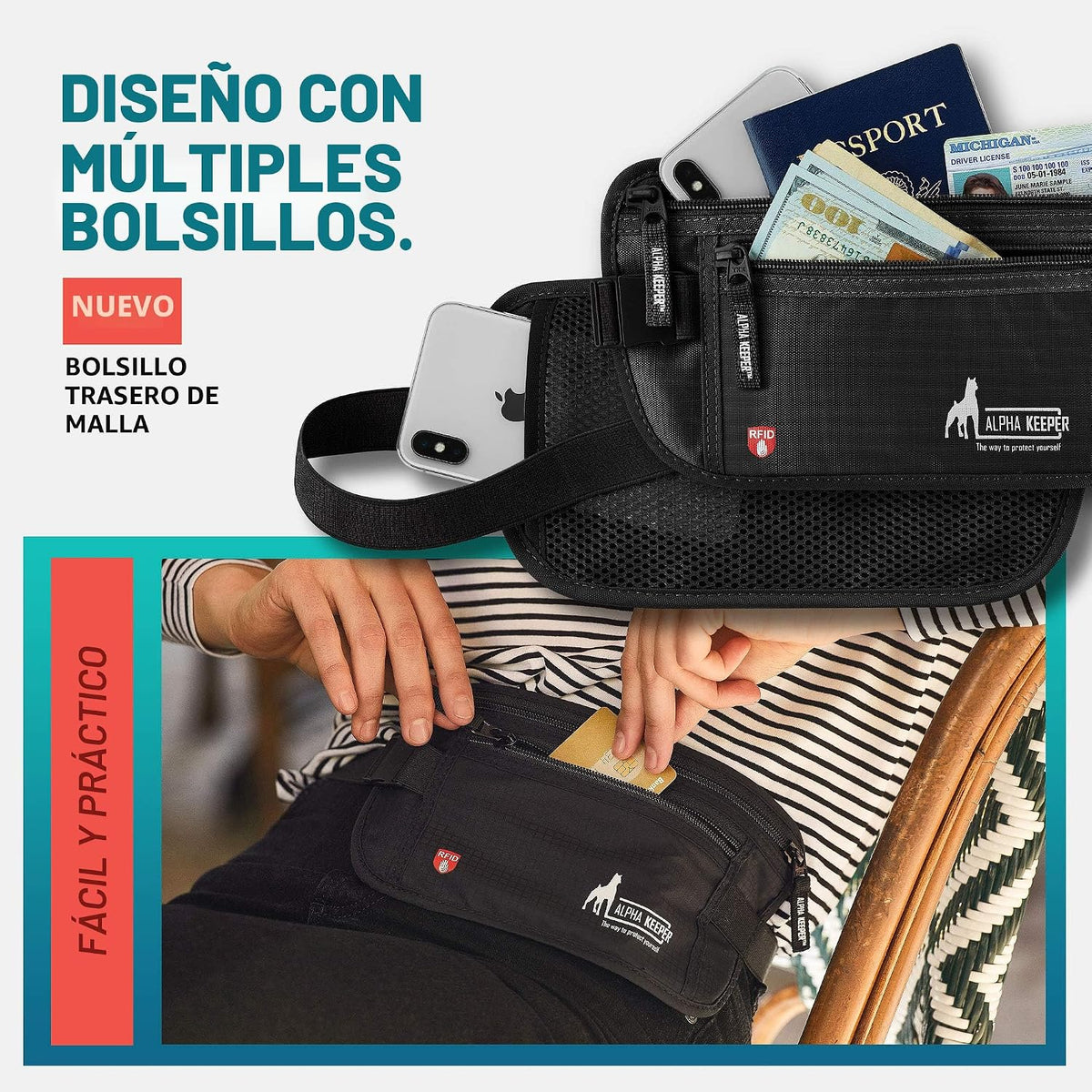 Conjunto de cinturón de viaje para el dinero, RFID, bloqueo de las...