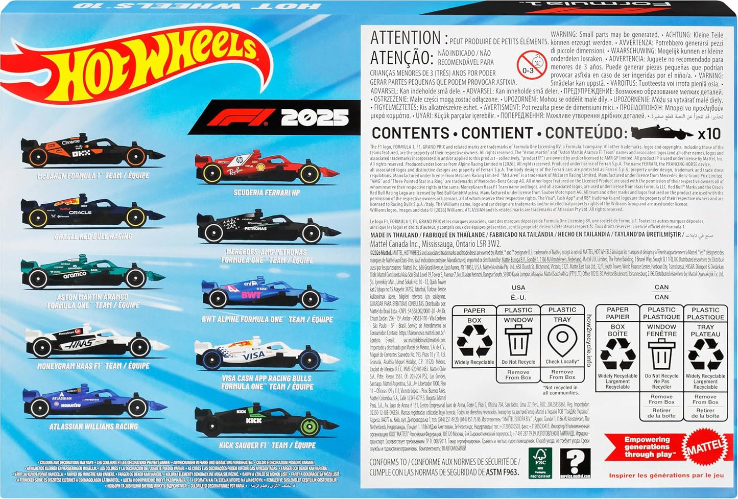 Hot Wheels Fórmula 1 2025 Paquete de 10 | Juego de 10 coches de car...