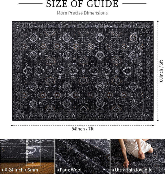 YIHOUSE Alfombra negra de 5 x 7 pies para sala de estar, lavable, a...