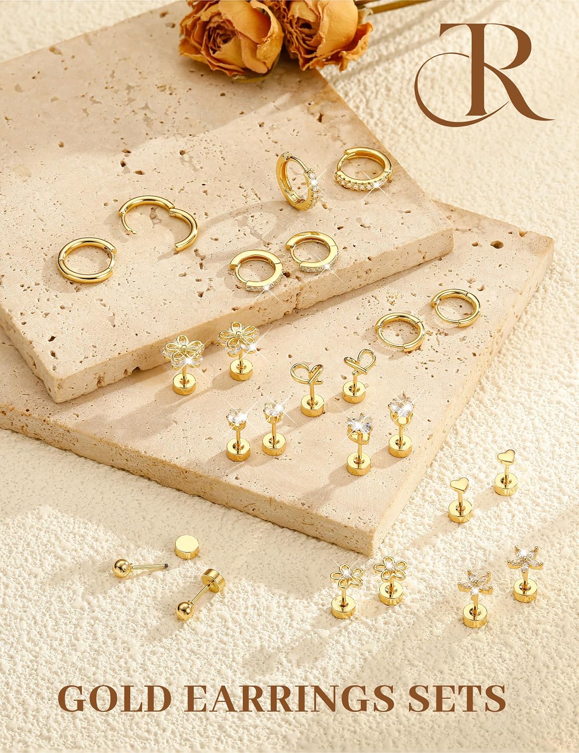 Aretes de tuerca hipoalergénicos de oro para mujeres y niñas - Jueg...