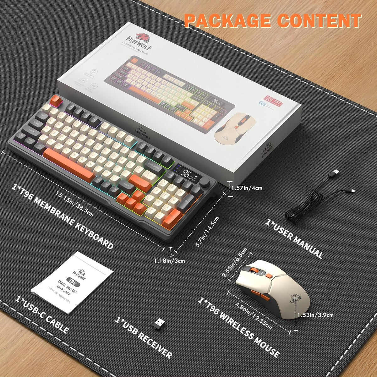 FREEWOLF T96 Smart Display Wireless Gaming Keyboard and Mouse Peine...