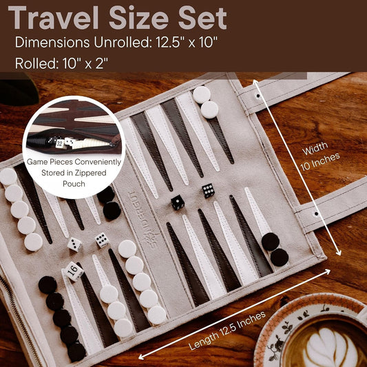 Juego de backgammon de viaje de cuero genuino crema