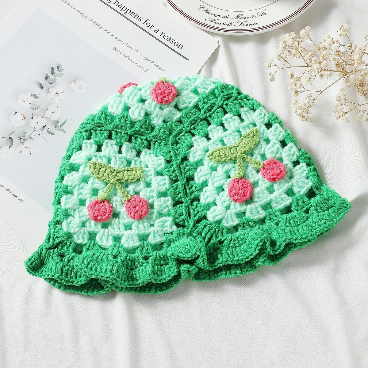 Fiewmay Sombrero de pescador de ganchillo para mujer, hecho a mano,...