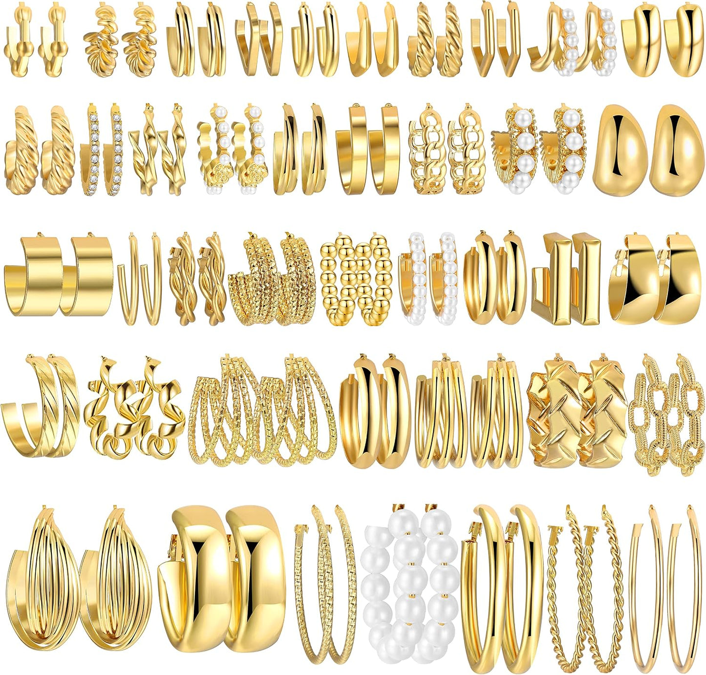 42 pares de aretes de aro dorados para mujer, paquete múltiple de a...