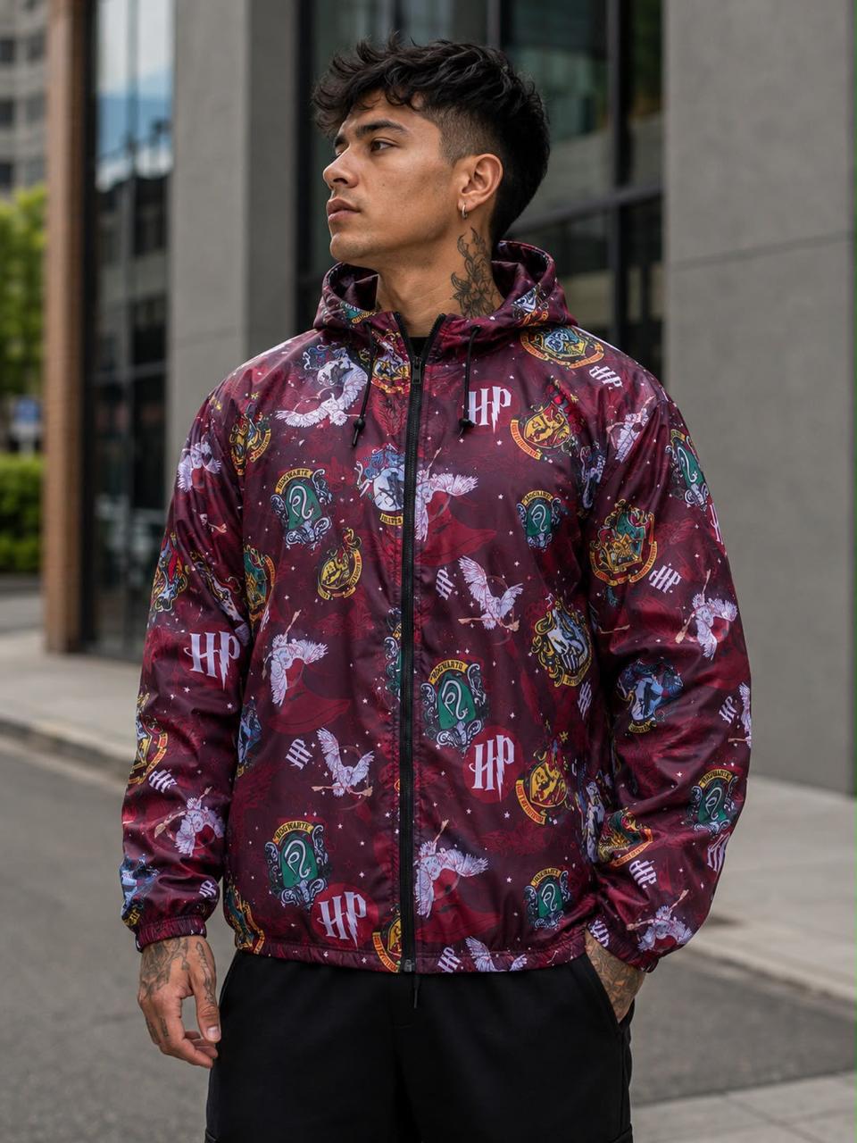 Chaqueta rompevientos con capucha para hombre, estampado Hogwarts, vinotinto (tallas S a XL)