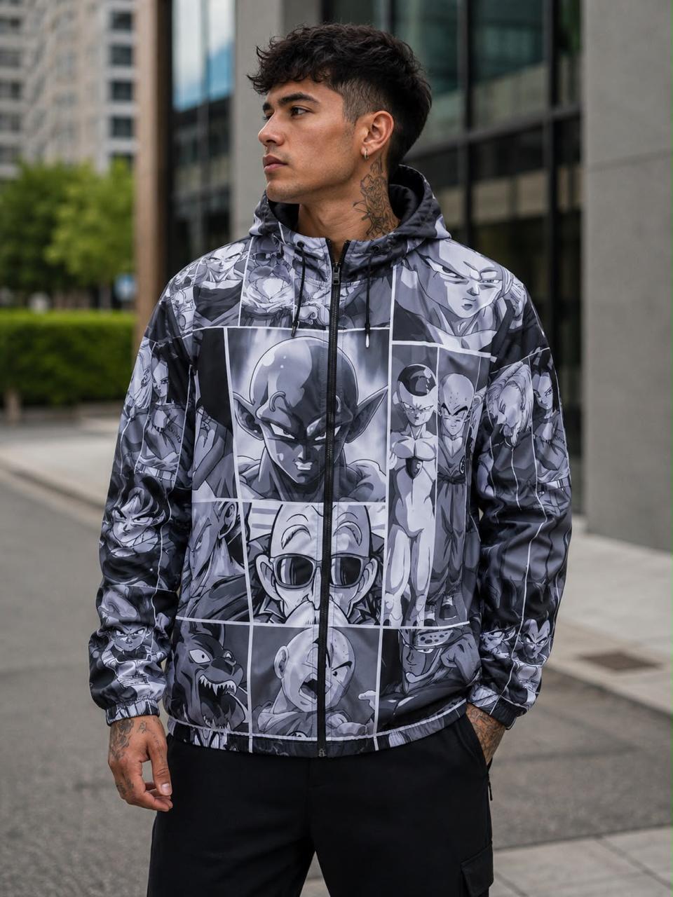 Chaqueta rompevientos con capucha para hombre, estampado manga Dragon Ball, blanco y negro (tallas hasta XL)
