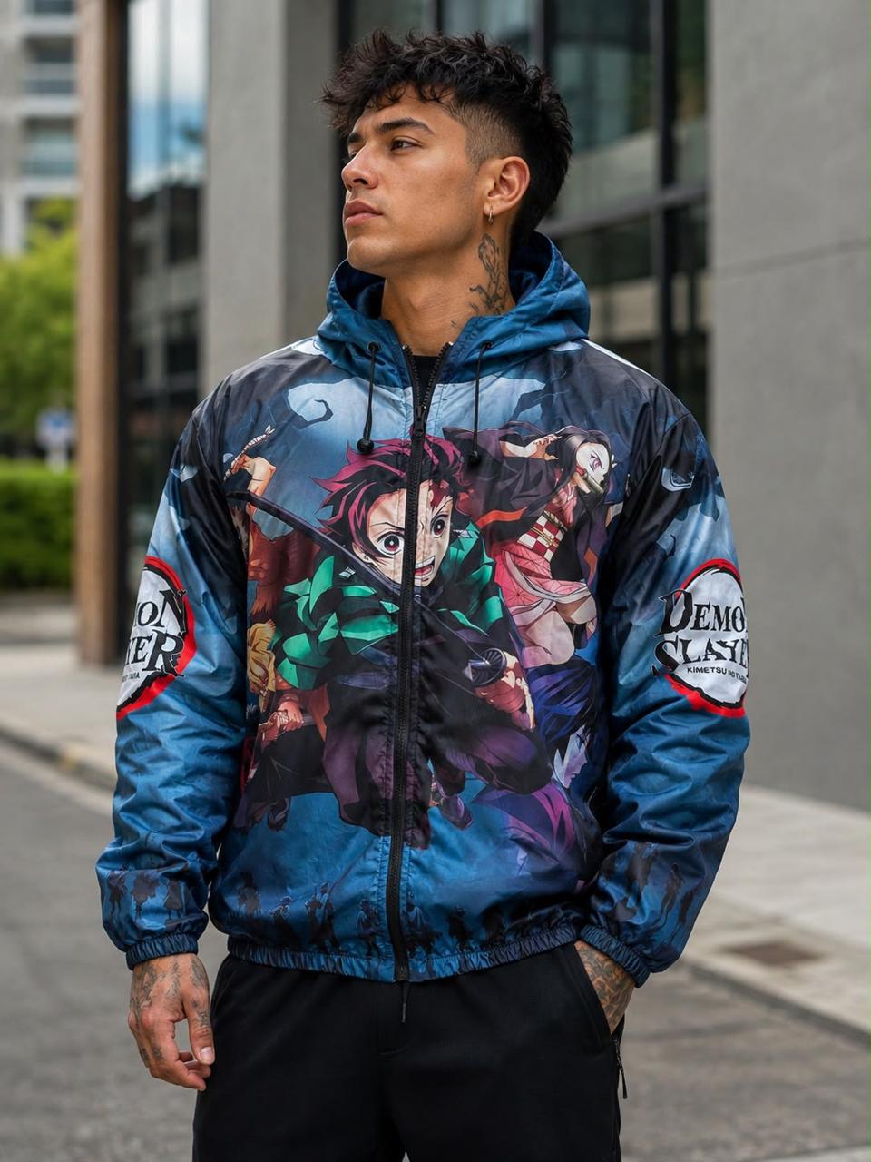 Chaqueta rompevientos con capucha para hombre, estampado anime Demon Slayer, azul (tallas hasta XL)