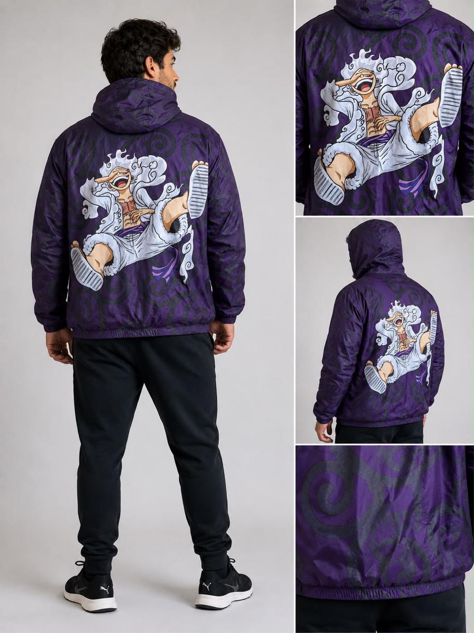 Chaqueta rompevientos con capucha para hombre, estampado anime One Piece Gear 5, morado (tallas hasta XL)