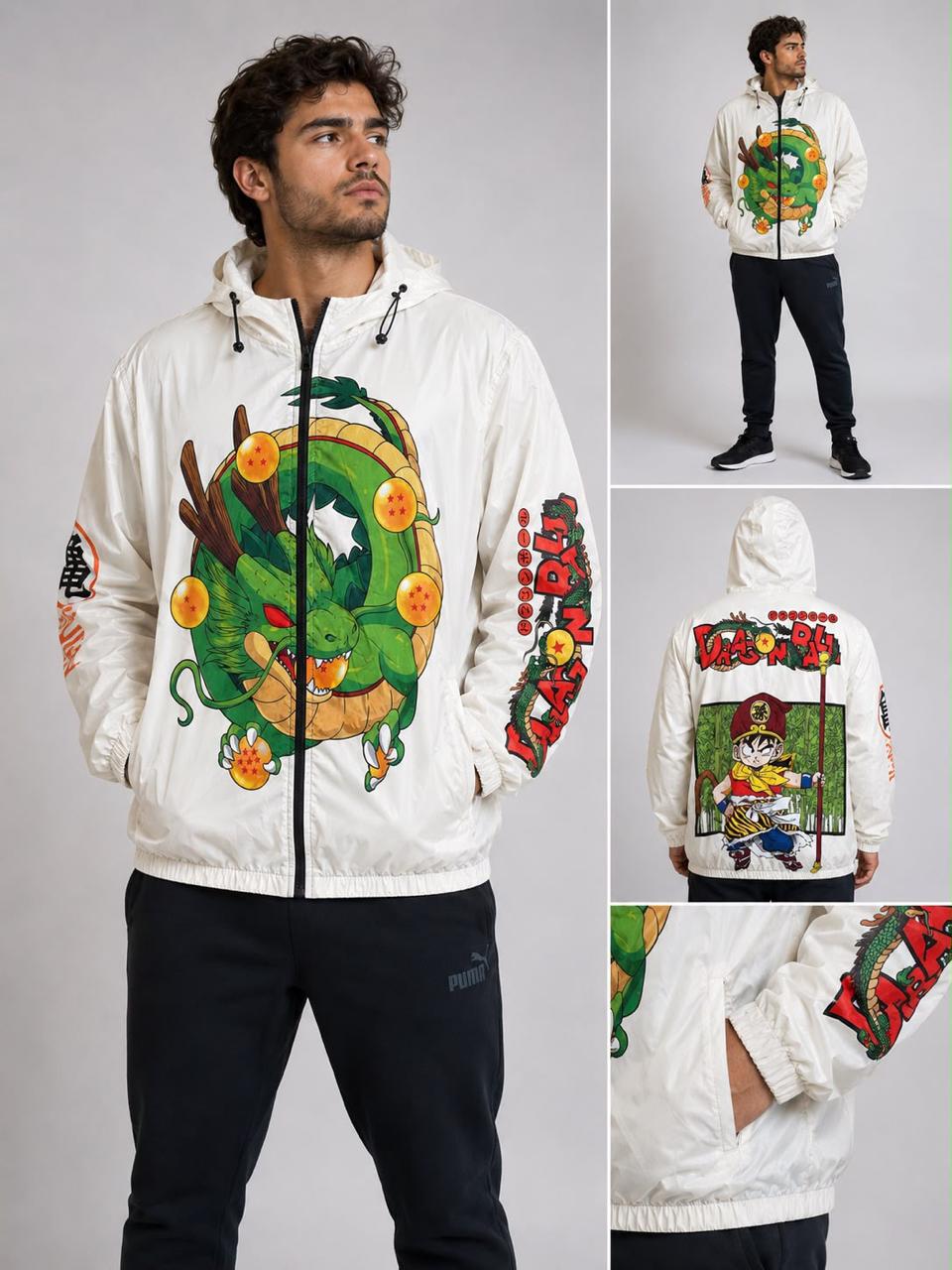 Chaqueta rompevientos blanca con capucha para hombre, estampado Dragon Ball Shenron, (tallas hasta XL)