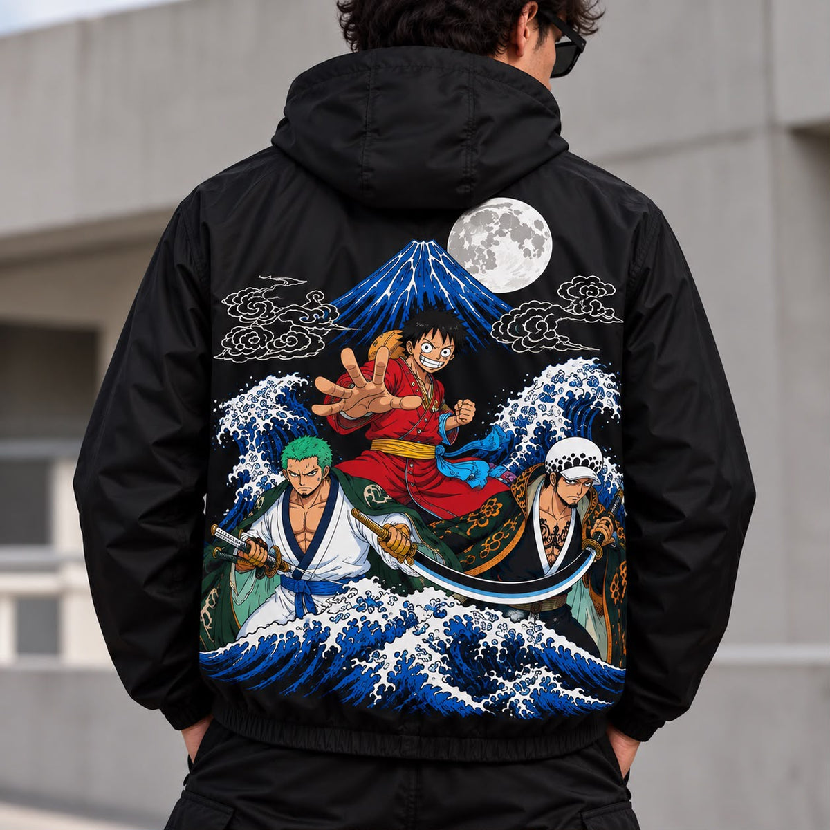 Chaqueta rompevientos negra con capucha para hombre, estampado anime One Piece Wano, ola y luna (tallas hasta XL)