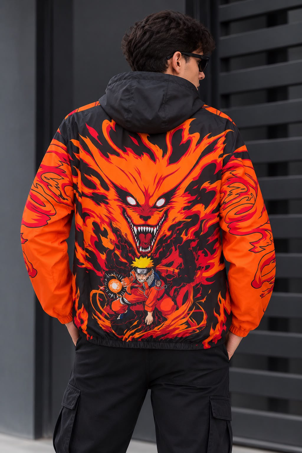 Chaqueta rompevientos con capucha para hombre, estampado anime Naruto y Kurama, negro y naranja (tallas hasta XL)