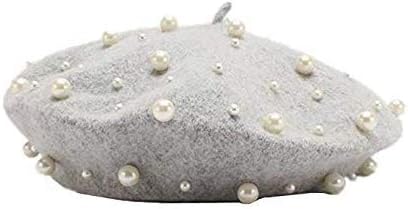 Sombrero de boina vintage de lana de perla para mujer, gorro cálido...