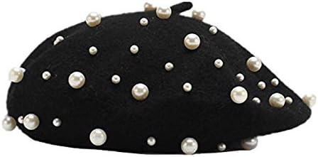 Sombrero de boina vintage de lana de perla para mujer, gorro cálido...