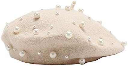 Sombrero de boina vintage de lana de perla para mujer, gorro cálido...