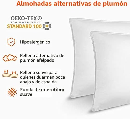 Amazon Basics - Almohadas de cama con relleno alternativo, de densi...