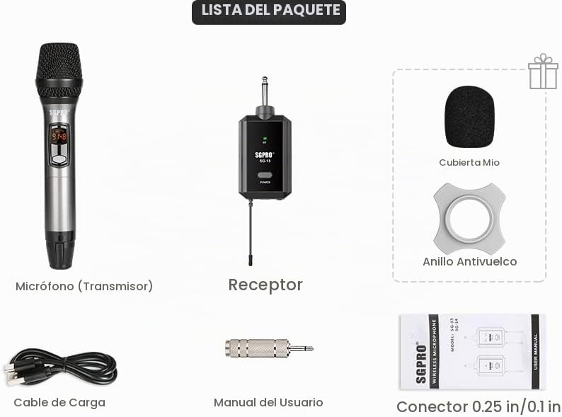 SGPRO SG-13 Juego de micrófono de mano inalámbrico con receptor com...