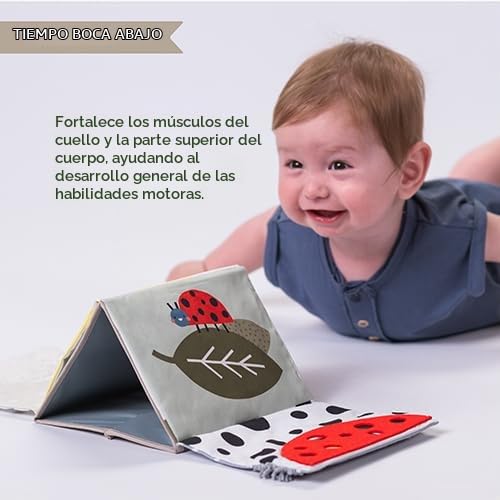 Taf Toys Libro sensorial para el tiempo boca abajo con páginas arru...