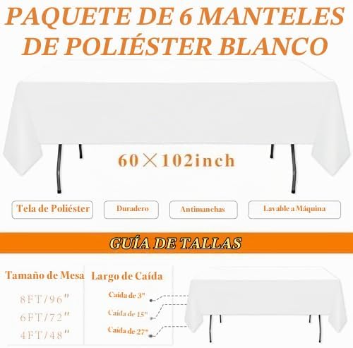 WIGENIUS Paquete de 6 manteles blancos rectangulares de 60x102 pulg...