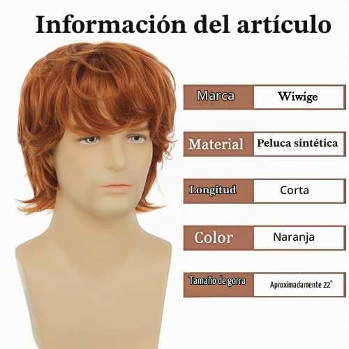 Wiwige Peluca de color naranja para hombre, peluca sintética de cap...