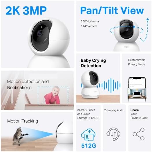 Tapo - Cámara de seguridad 2K Pan\/Tilt para monitor de bebé, cámar...