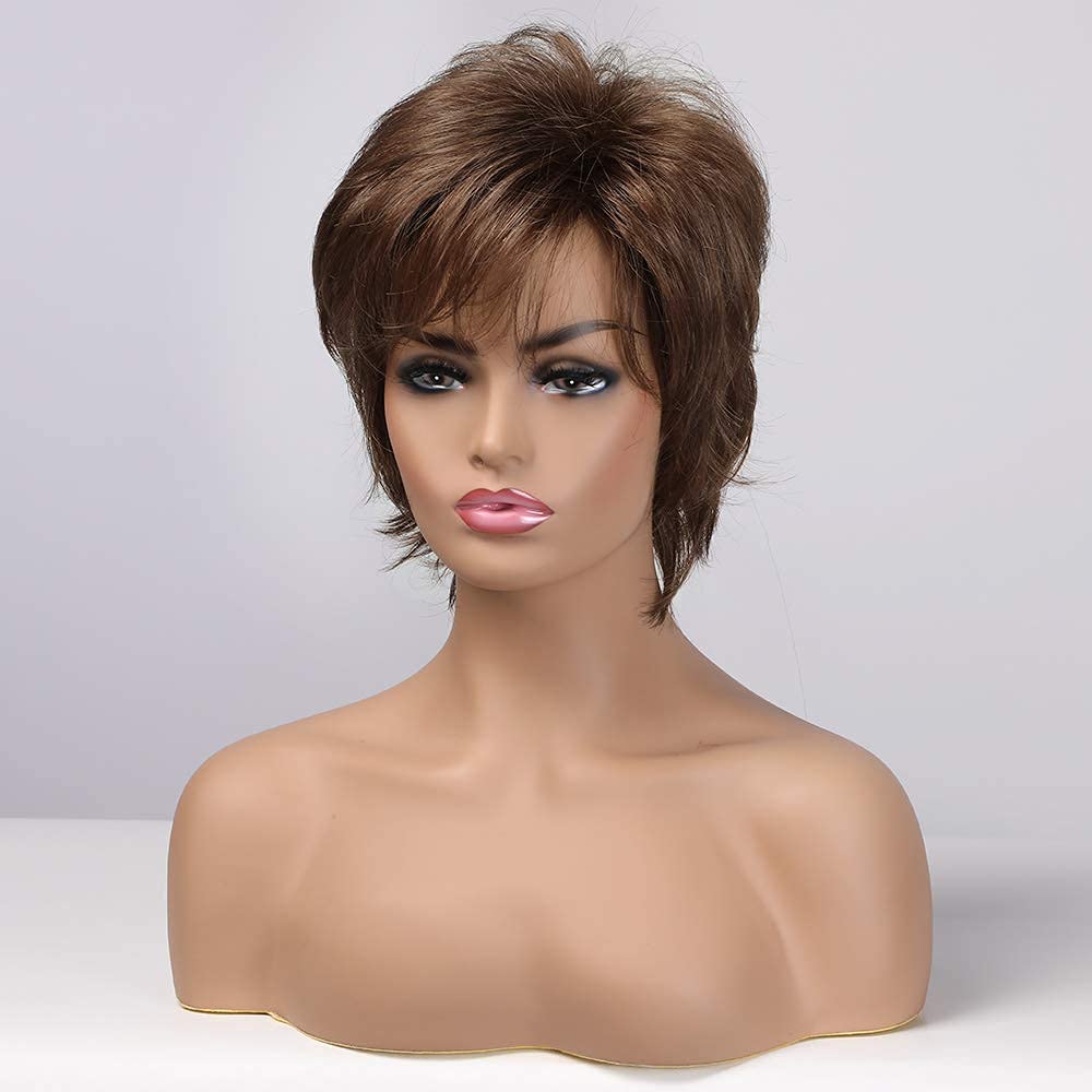 EMMOR - Peluca corta de cabello humano mezcla marrón con corte pixi...