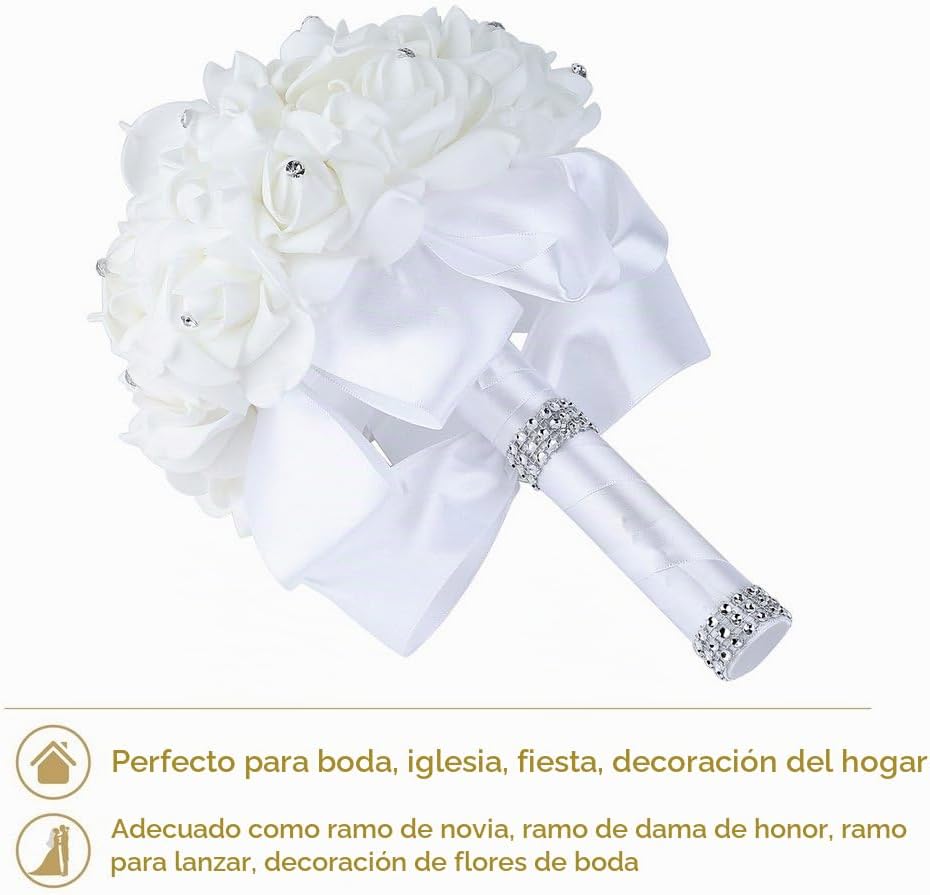 Febou Ramo de boda de rosas de cristal, ramo de dama de honor, ramo...