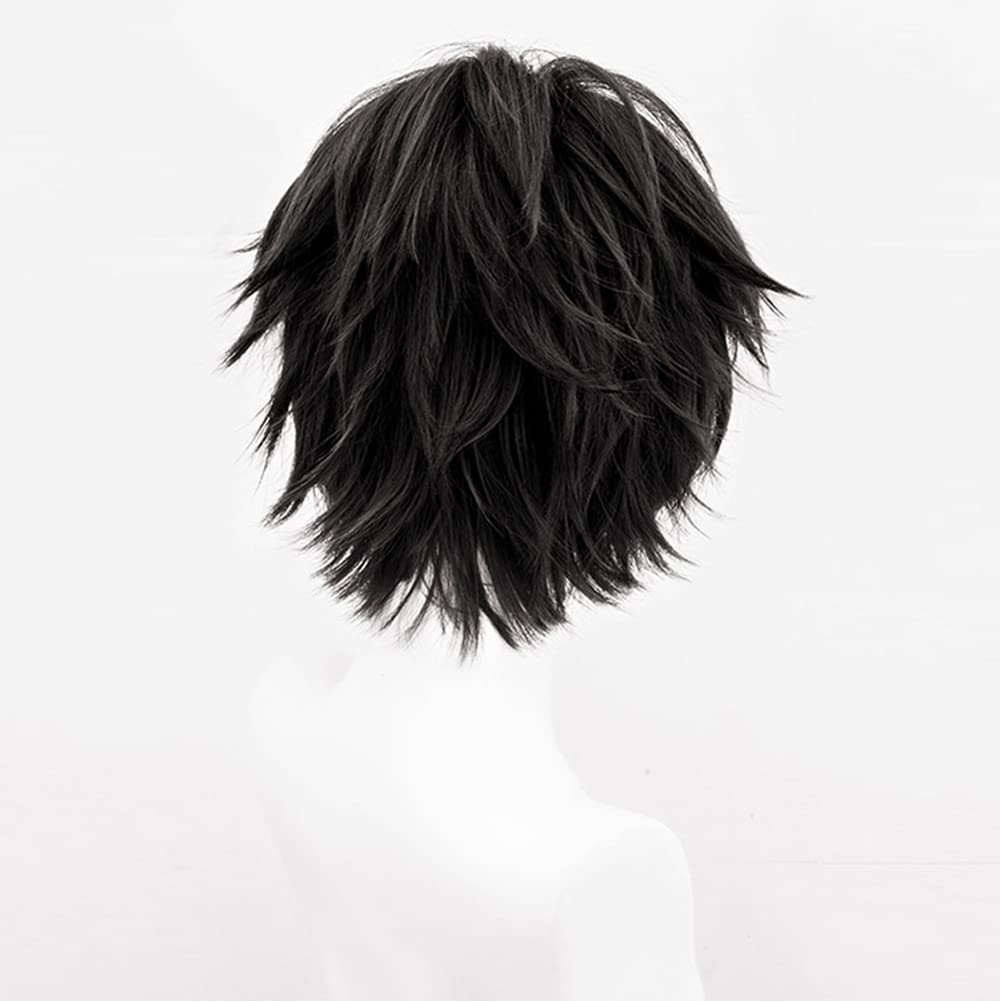 PORSMEER Peluca corta de anime negra para hombre, unisex, con capas...