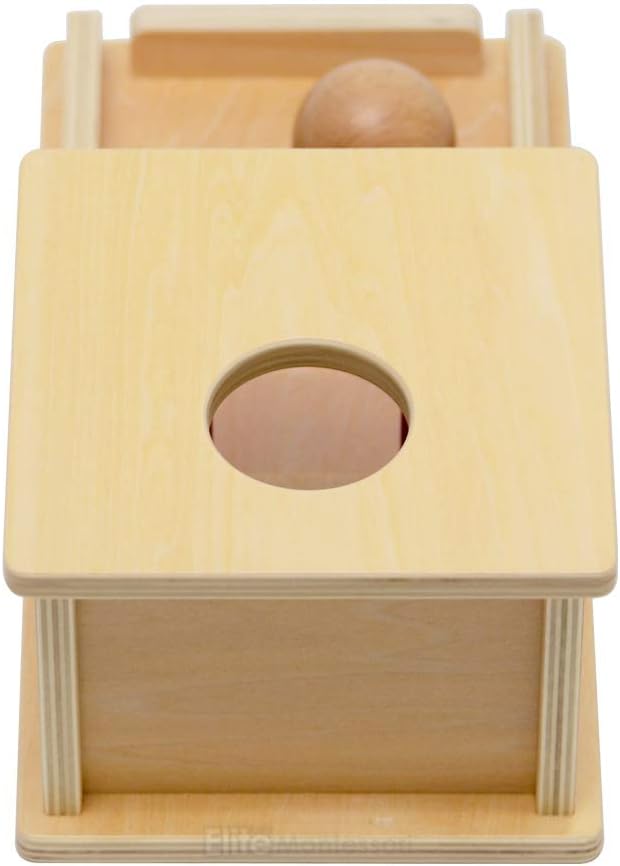 Montessori, caja de permanencia de objetos con charola y pelota.